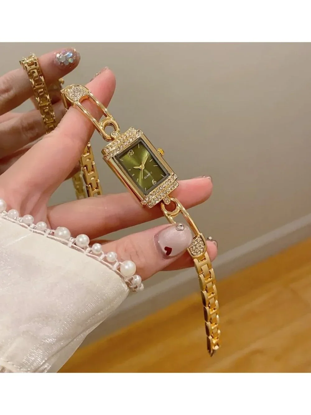 Women's Gold Green Vintage Rectangular Bracelet Luxury Crystal Quartz Wristwatch